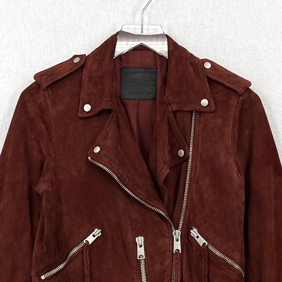 ALLSAINTS Plait Balfern Suede Biker Jacket Womens 6 Burgundy Maroon Moto Zip - Picture 8 of 16
